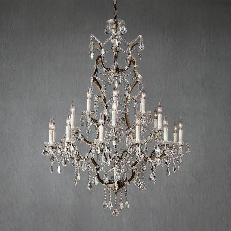 Tiered Round Crystal and Rustic Brass Chandelier