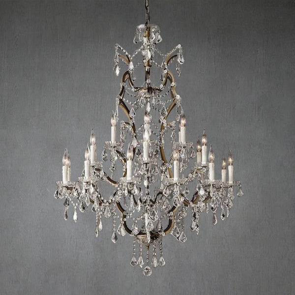 Tiered Round Crystal and Rustic Brass Chandelier