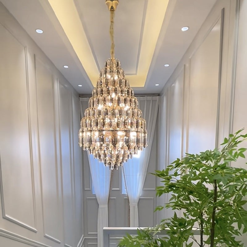 Tiered Round Crystal Column Staircase Chandelier