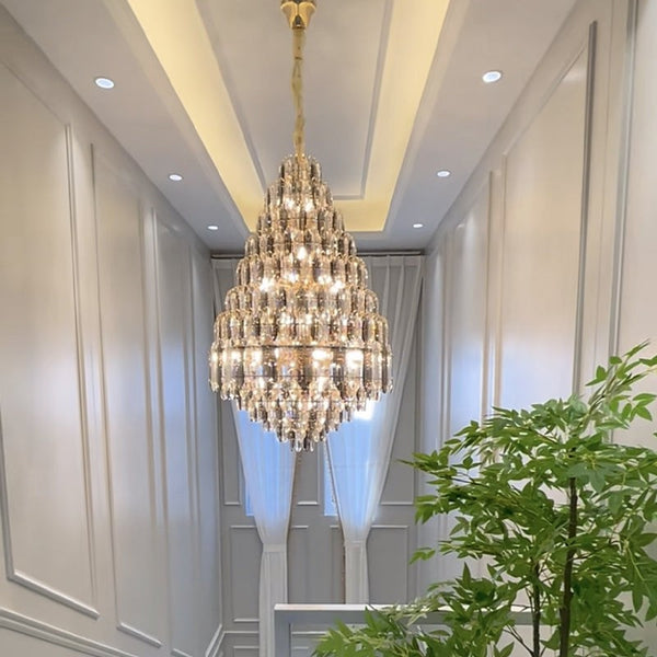 Tiered Round Crystal Column Staircase Chandelier