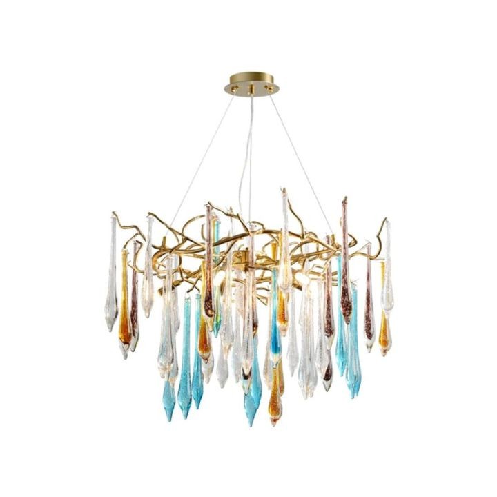 Tiered Round Gold Chandelier with Glass Teardrops
