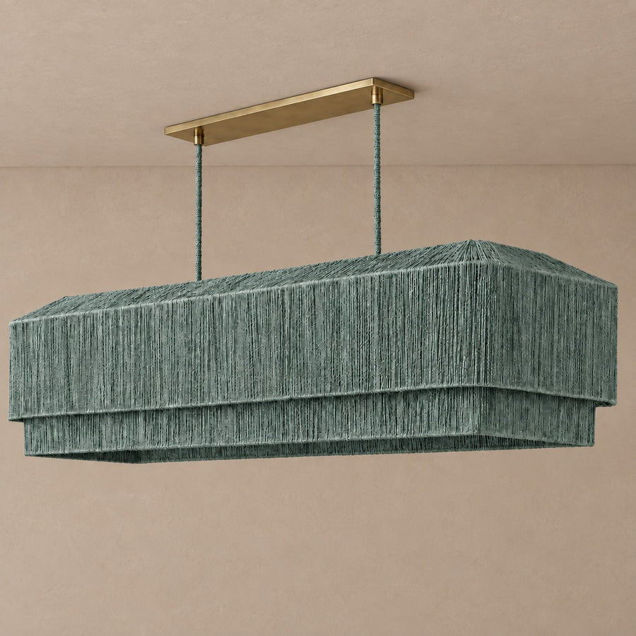 Tiered Sage Green Rattan and Copper Linear Chandelier