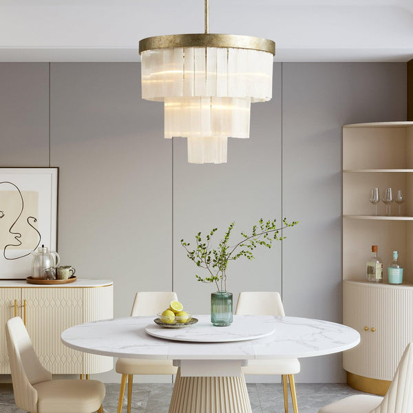 Tiered Selenite and Antique Silver Iron Chandelier