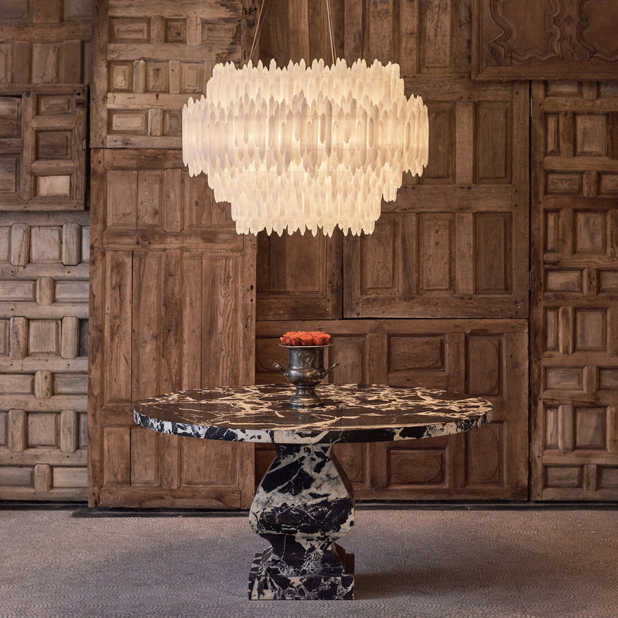 Tiered Selenite Crystal and Black Metal Round Chandelier