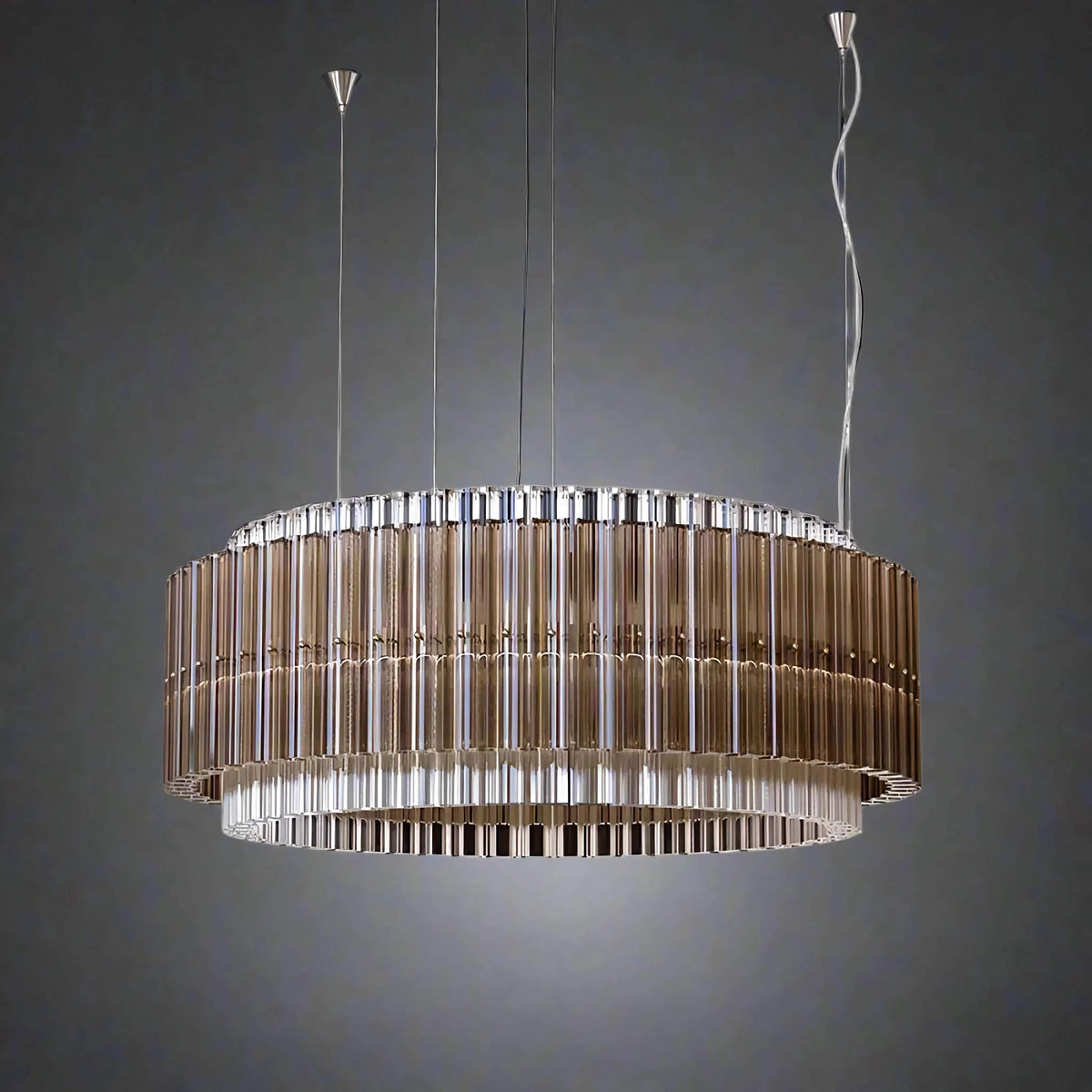 Tiered Smoked and Clear Glass Rod Drum Chandelier