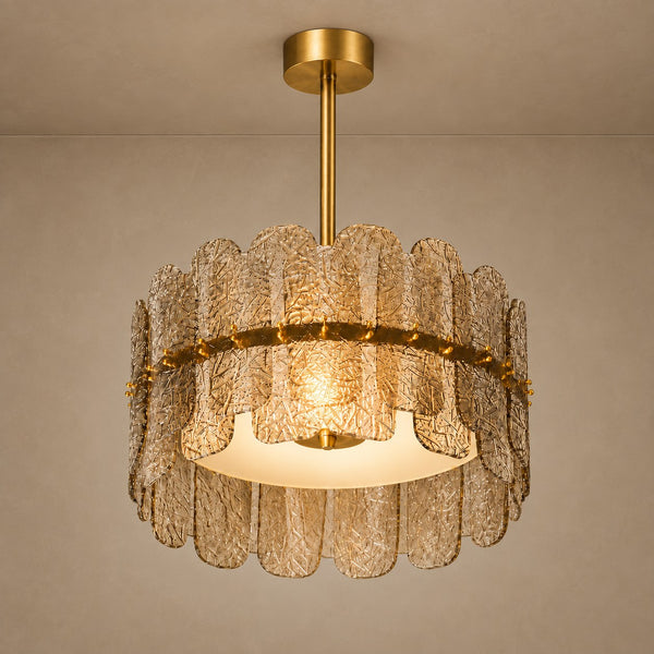 Tiered Smoky Glass and Brass Linear Chandelier