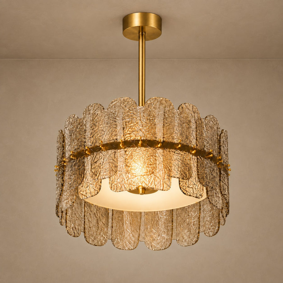Tiered Smoky Glass and Brass Linear Chandelier