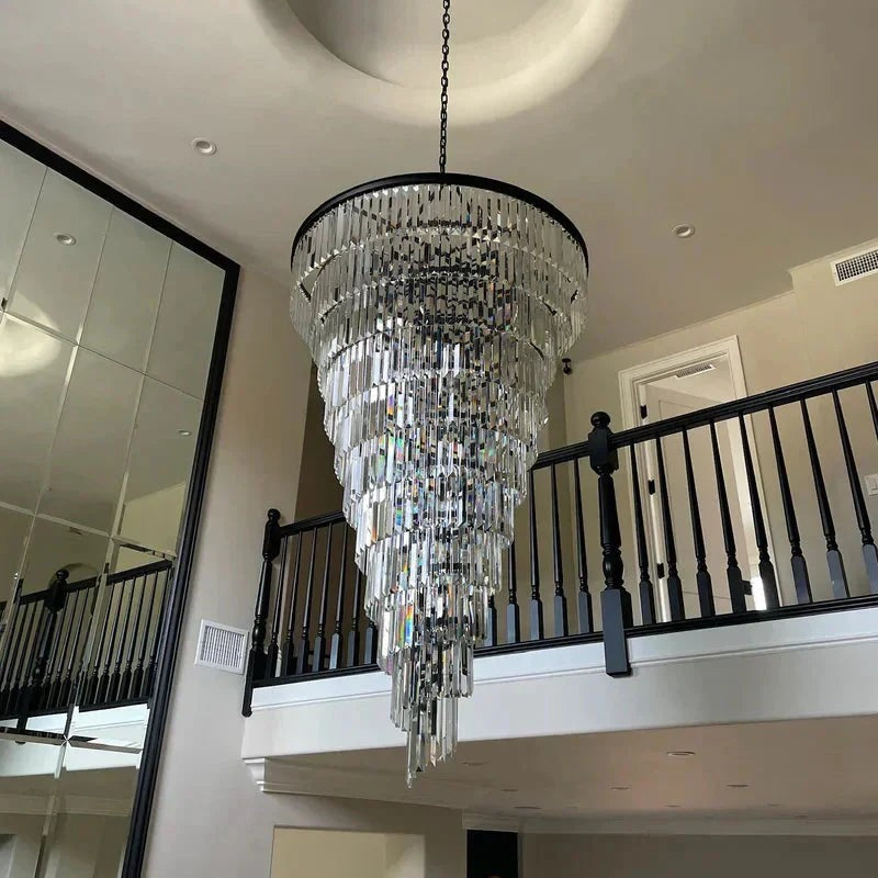 Tiered Spiral Crystal and Black Metal Chandelier