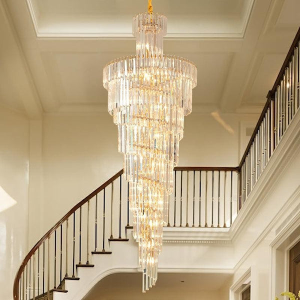 Tiered Spiral Crystal and Glass Column Chandelier