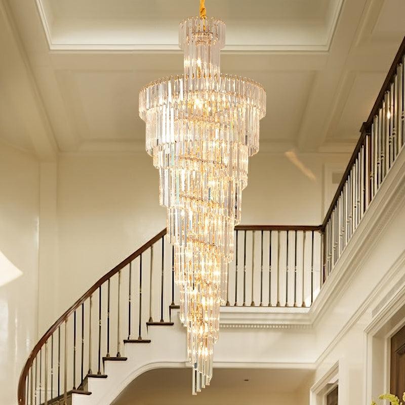 Tiered Spiral Crystal and Glass Column Chandelier