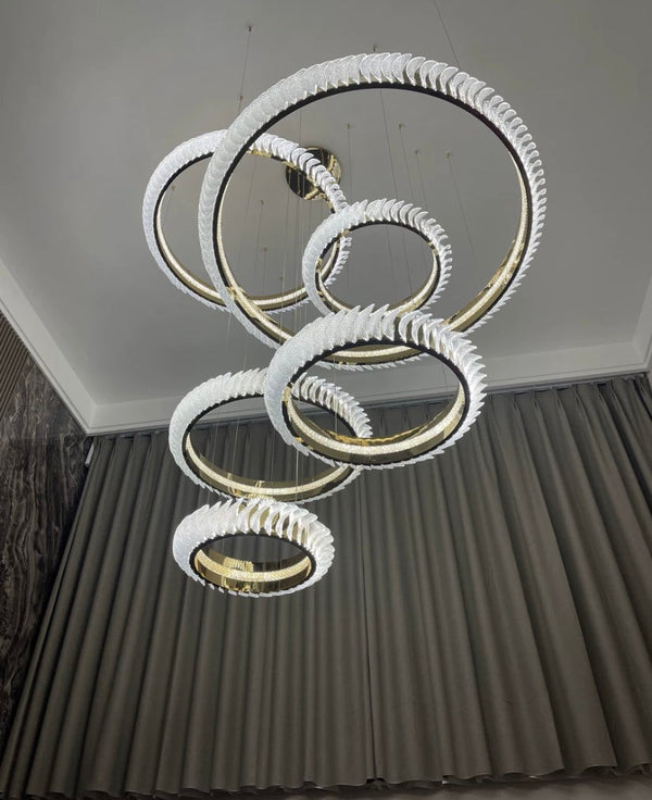 Tiered Stacked Ring Acrylic and Steel Chandelier