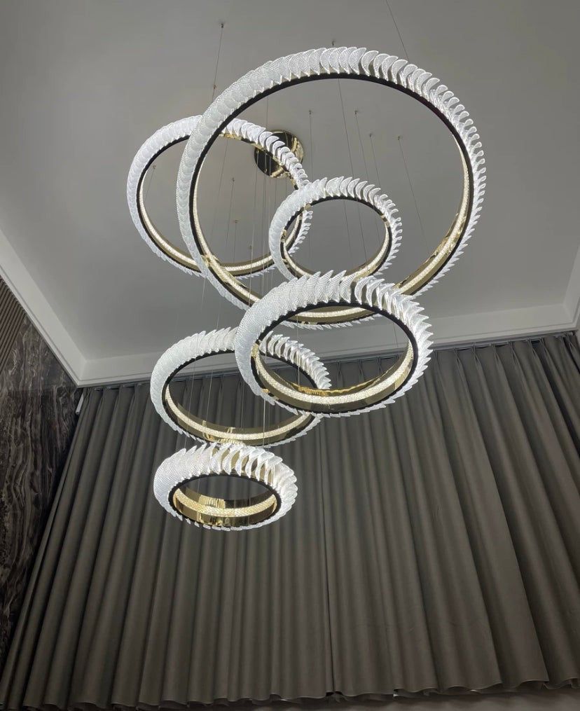 Tiered Stacked Ring Acrylic and Steel Chandelier