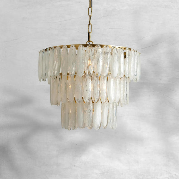 Tiered Swirled Glass and Antiqued Brass Chandelier