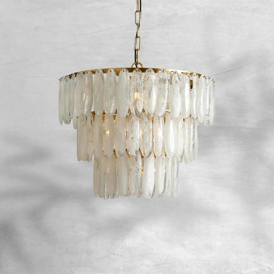 Tiered Swirled Glass and Antiqued Brass Chandelier