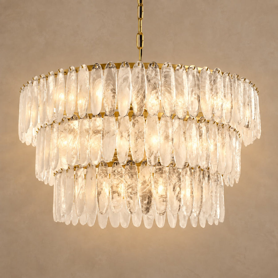 Tiered Swirled Glass Oval and Brass Chandelier