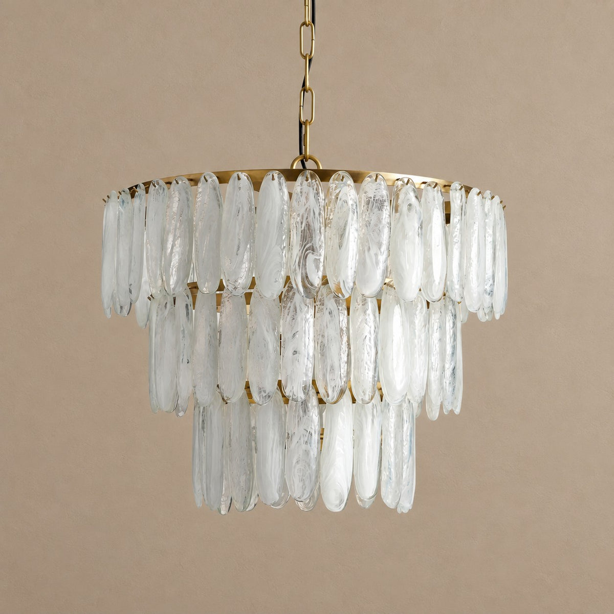 Tiered Swirled Glass Oval and Brass Ring Chandelier