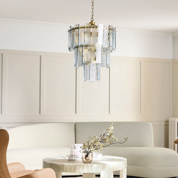 Tiered Textured Glass and Iron Chandelier