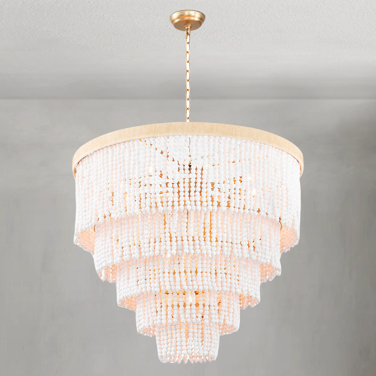 Tiered White Beaded Jute Wrapped Chandelier