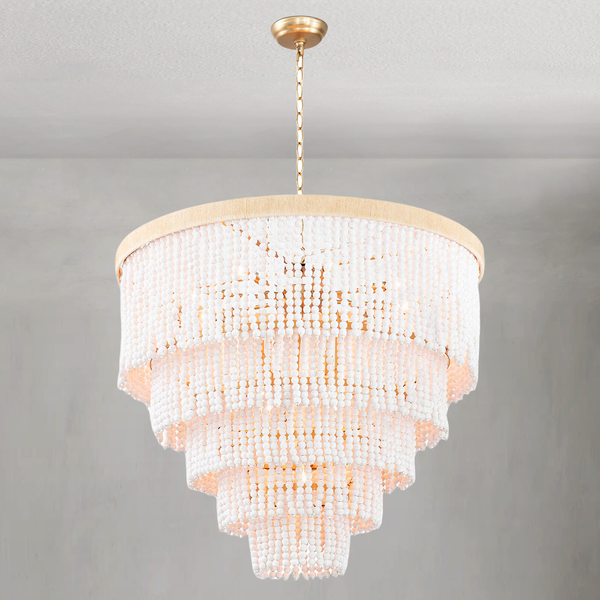 Tiered White Beaded Jute Wrapped Chandelier