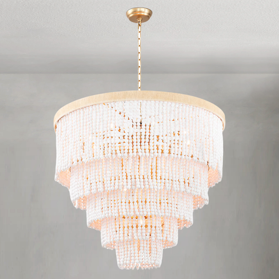 Tiered White Beaded Jute Wrapped Chandelier