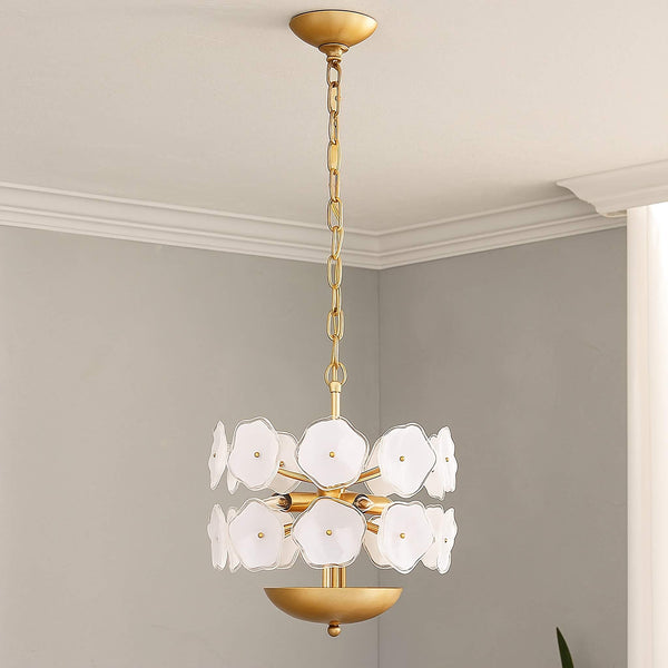 Tiered White Glass Flower Brass Pendant