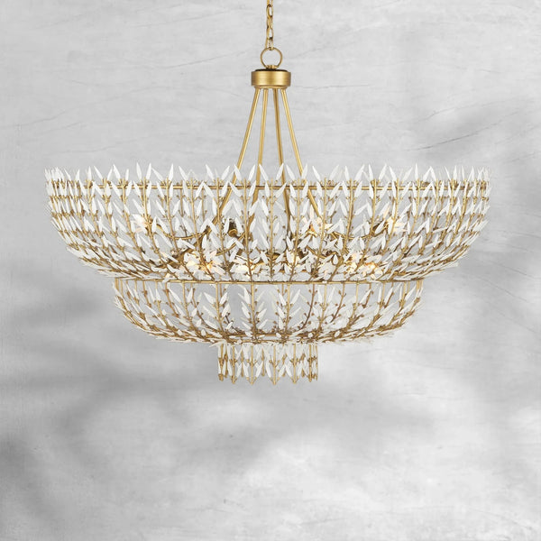 Tiered White Glass Leaf and Brass Chandelier