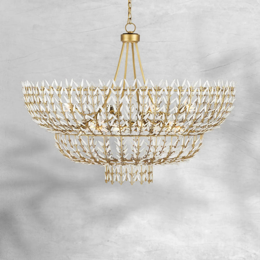 Tiered White Glass Leaf and Brass Chandelier