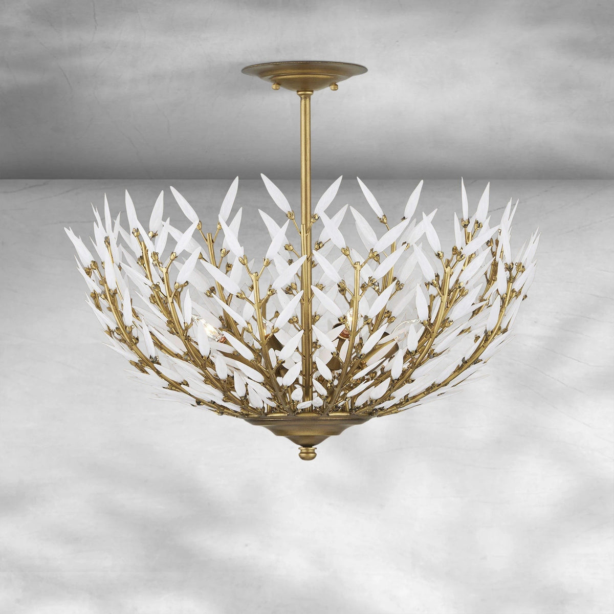 Tiered White Glass Leaf Brass Flush Mount