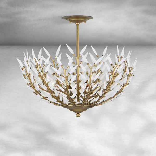 Tiered White Glass Leaf Brass Flush Mount