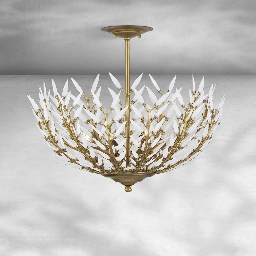 Tiered White Glass Leaf Brass Flush Mount