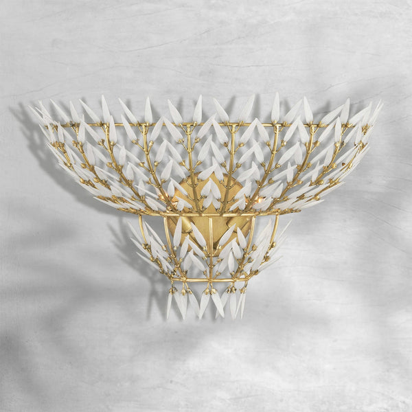 Tiered White Glass Leaf Brass Wall Sconce