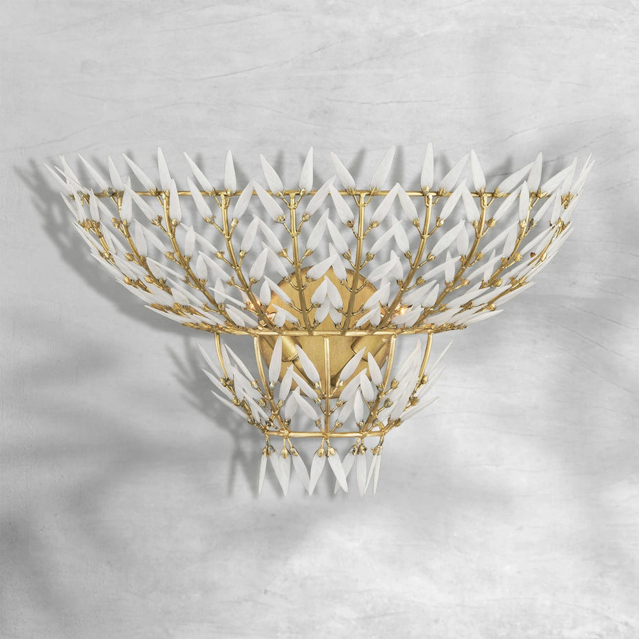 Tiered White Glass Leaf Brass Wall Sconce