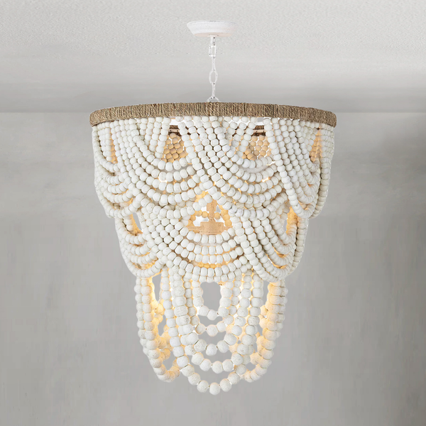 Tiered White Wood Bead and Jute Chandelier