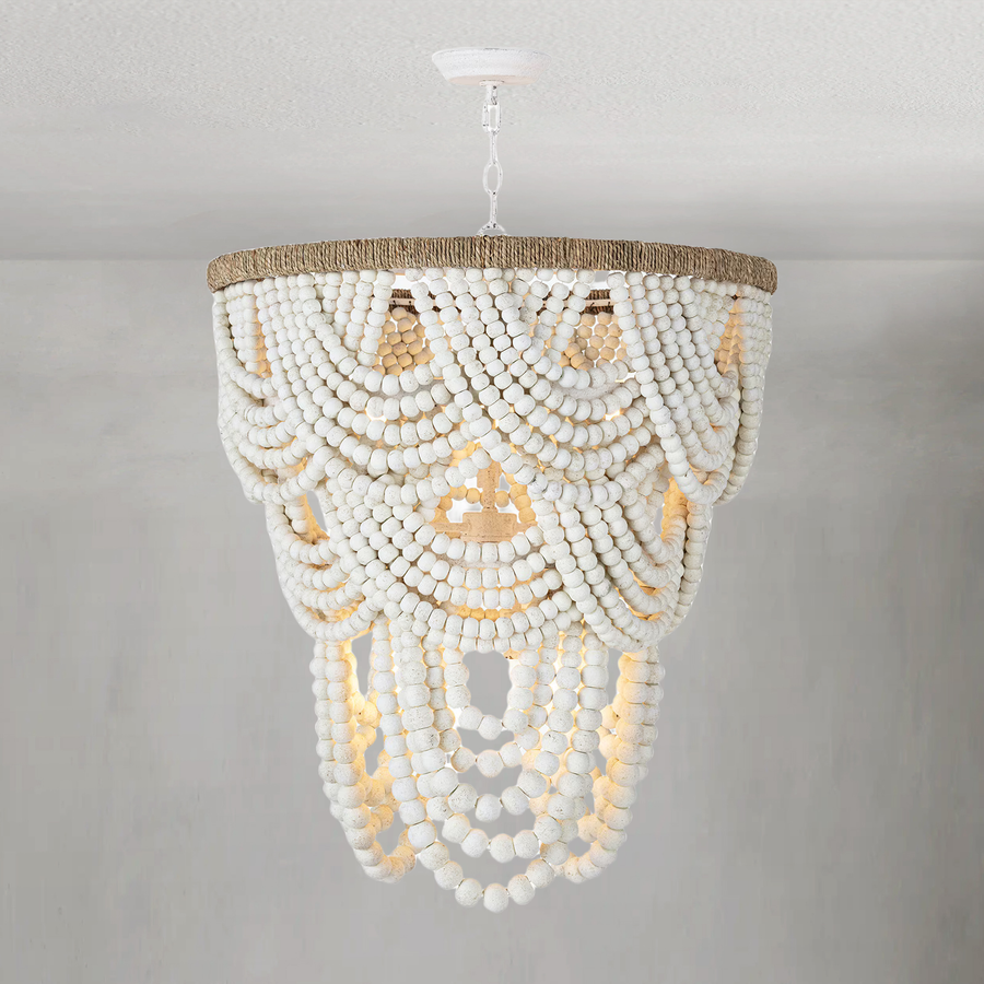 Tiered White Wood Bead and Jute Chandelier