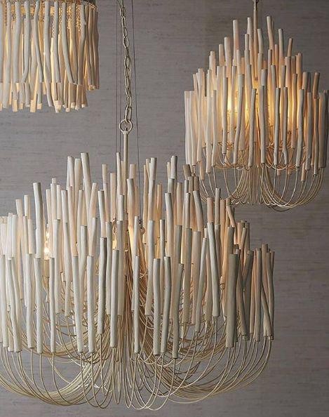 Tiered Whitewashed Wood Dowel and Iron Chandelier