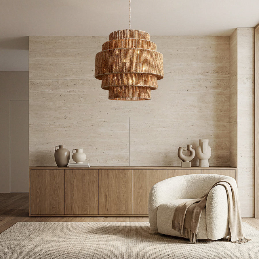 Tiered Wooden Bead and Iron Chandelier
