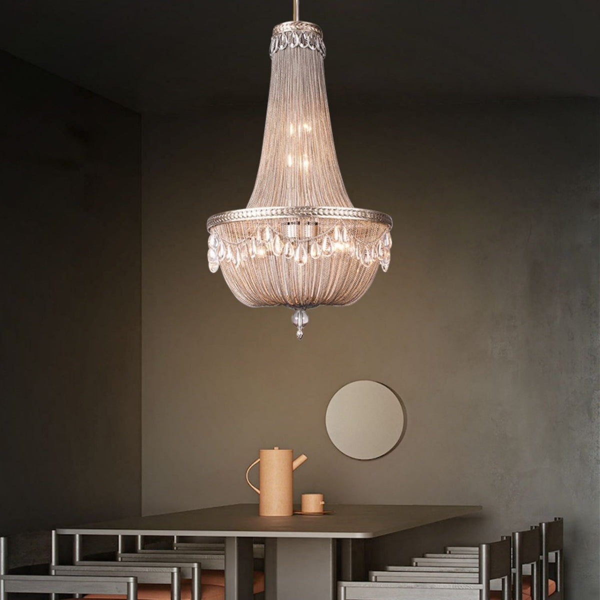 Tiered Woven Aluminum Chain and Crystal Empire Chandelier