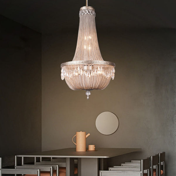 Tiered Woven Aluminum Chain and Crystal Empire Chandelier