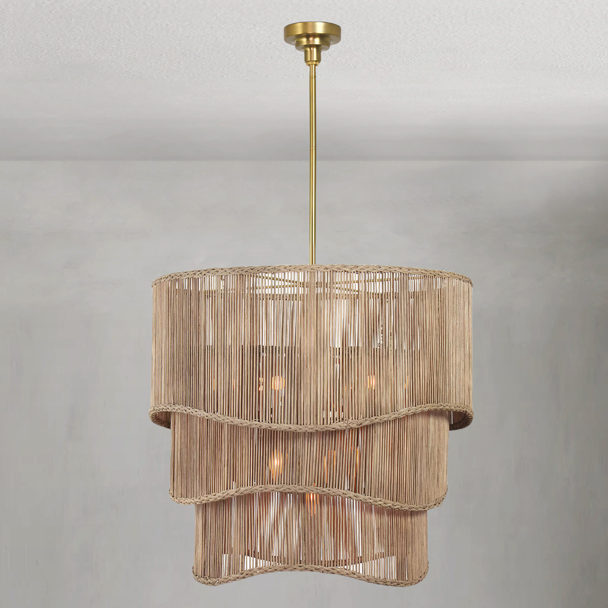 Tiered Woven Rattan Drum and Brass Chandelier