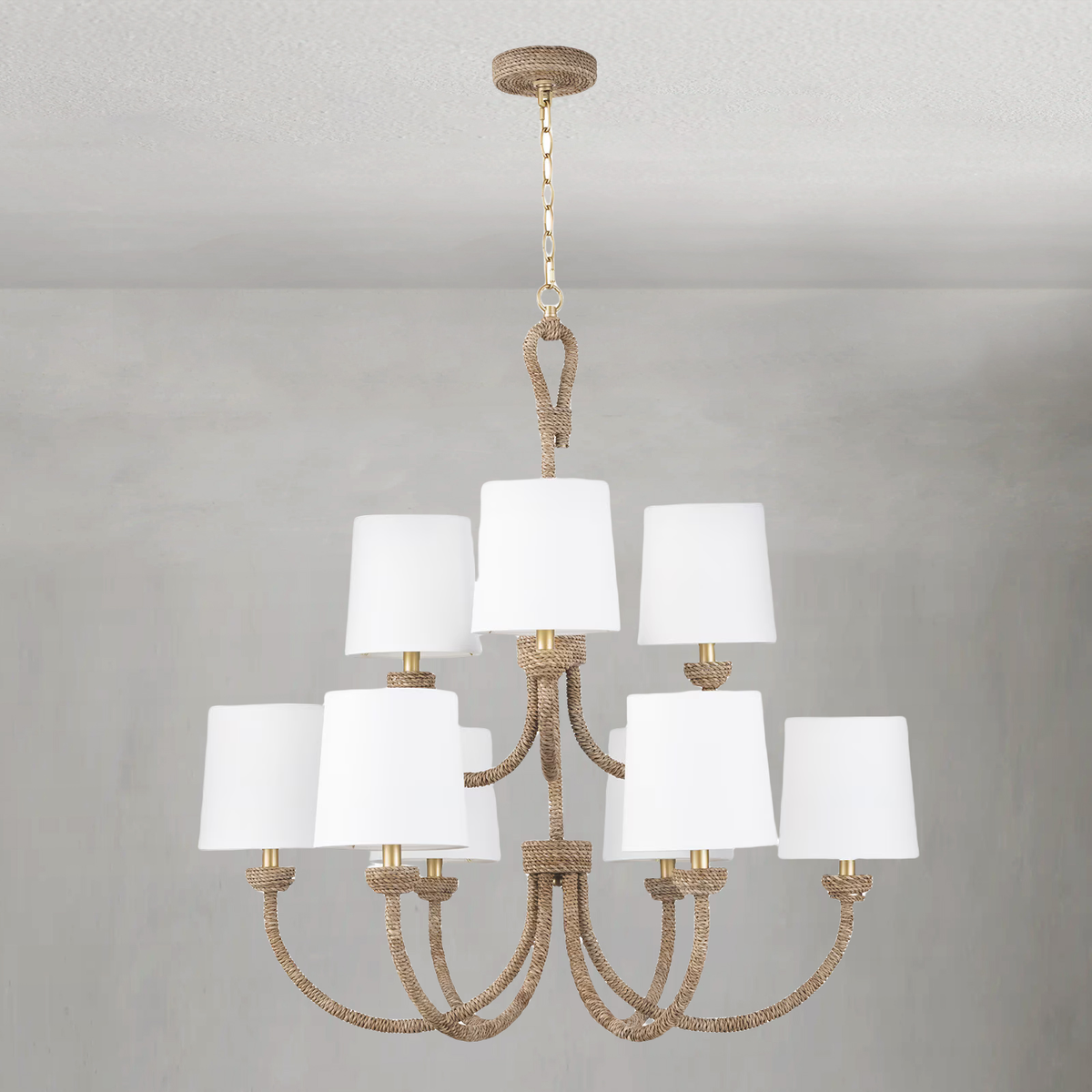 Tiered Woven Seagrass Chandelier with Linen Shades