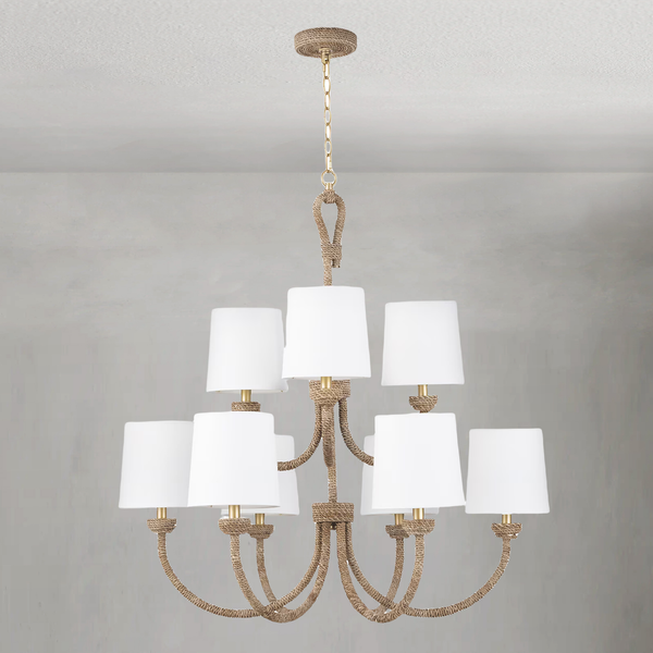 Tiered Woven Seagrass Chandelier with Linen Shades