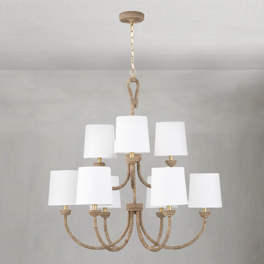 Tiered Woven Seagrass Chandelier with Linen Shades