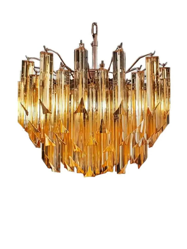 Tiered Yellow Glass Prism Iron and Brass Chandelier