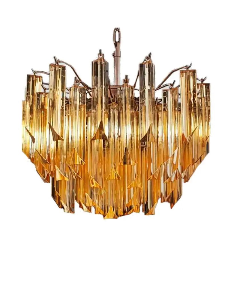 Tiered Yellow Glass Prism Iron and Brass Chandelier
