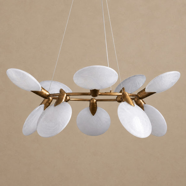 Tilted Opal Glass Disc and Brass Chandelier