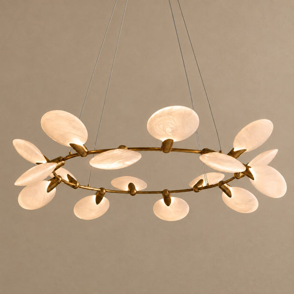 Tilted White Glass Disc Cluster Brass Chandelier