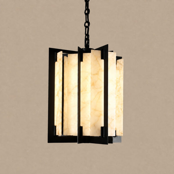 Translucent Quartz Lantern Pendant with Black Steel Frame