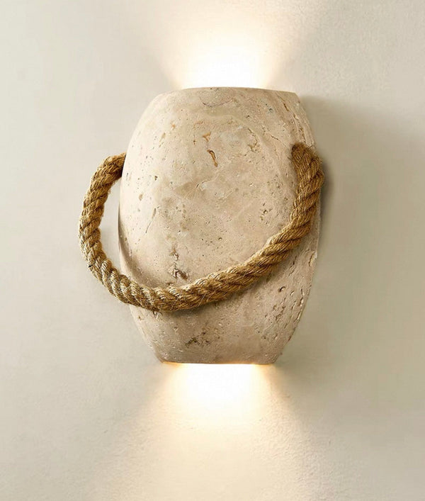 Travertine Bowl and Rope Wrapped Wall Sconce