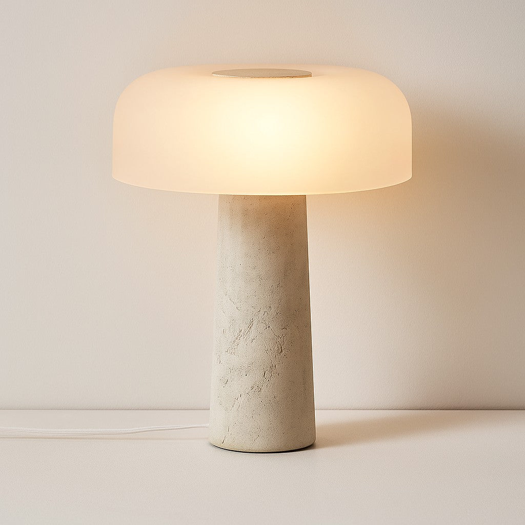 Travertine Column Table Lamp with Frosted Glass Dome