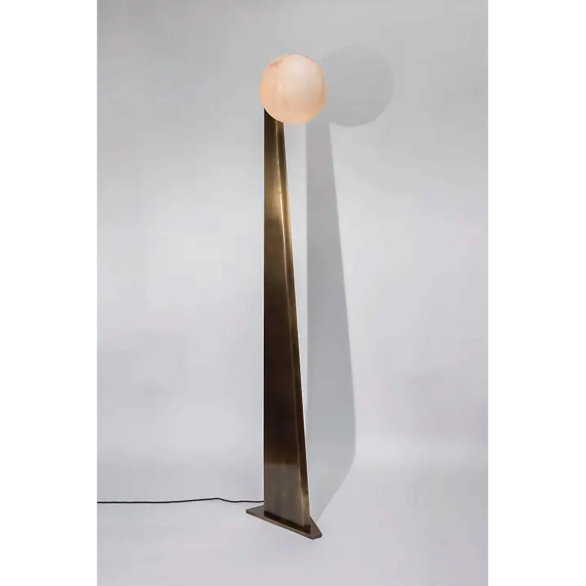 Triangular Patinated Brass Frame Glass Orb Floor Lamp